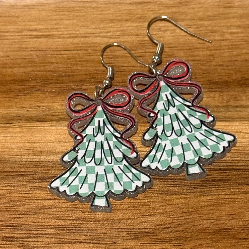 Festive Christmas Tree Acrylic Earrings with Red Bows